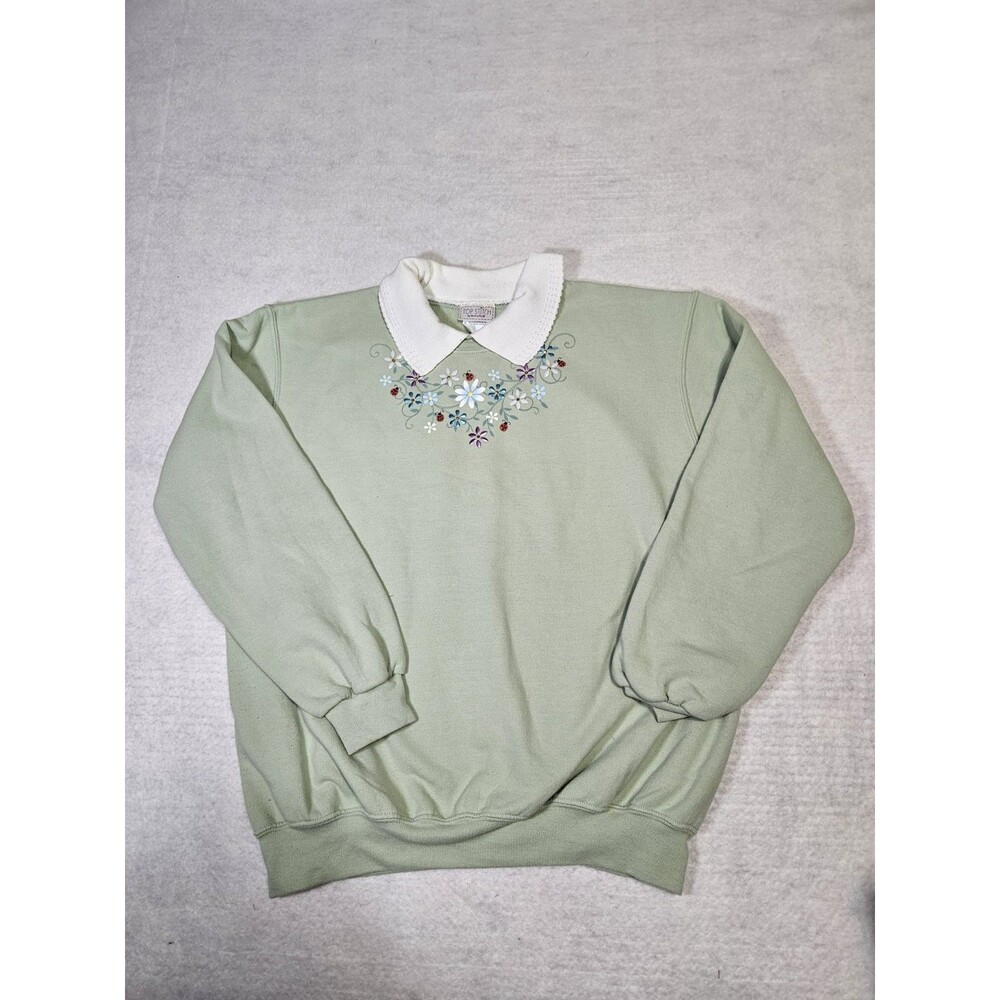 Vintage Women’s Top Stitch by Morning Sun Knit Collar Sweatshirt Floral Ladybug